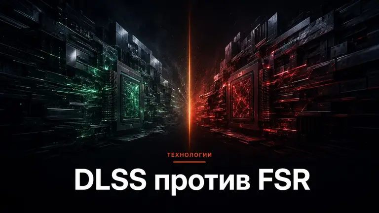 Абстрактный 3D-рендер двух архитектур GPU в драматическом противостоянии на тёмном фоне с оранжевым лучом разделения